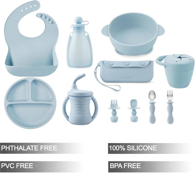 PandaEar Silicone Baby Feeding Set | 11PCS Baby Led Weaning Supplies Self Feeding Utensils | Divided Suction Plate Bowl Bibs Sippy Cup with Baby Food Pouch Snack Container Spoons Forks, Blue - Image 2